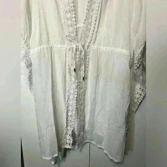 Club Z Collection Women 2X White Cotton Swim Crochet Lace Drawstring Cover Up - Picture 4 of 12